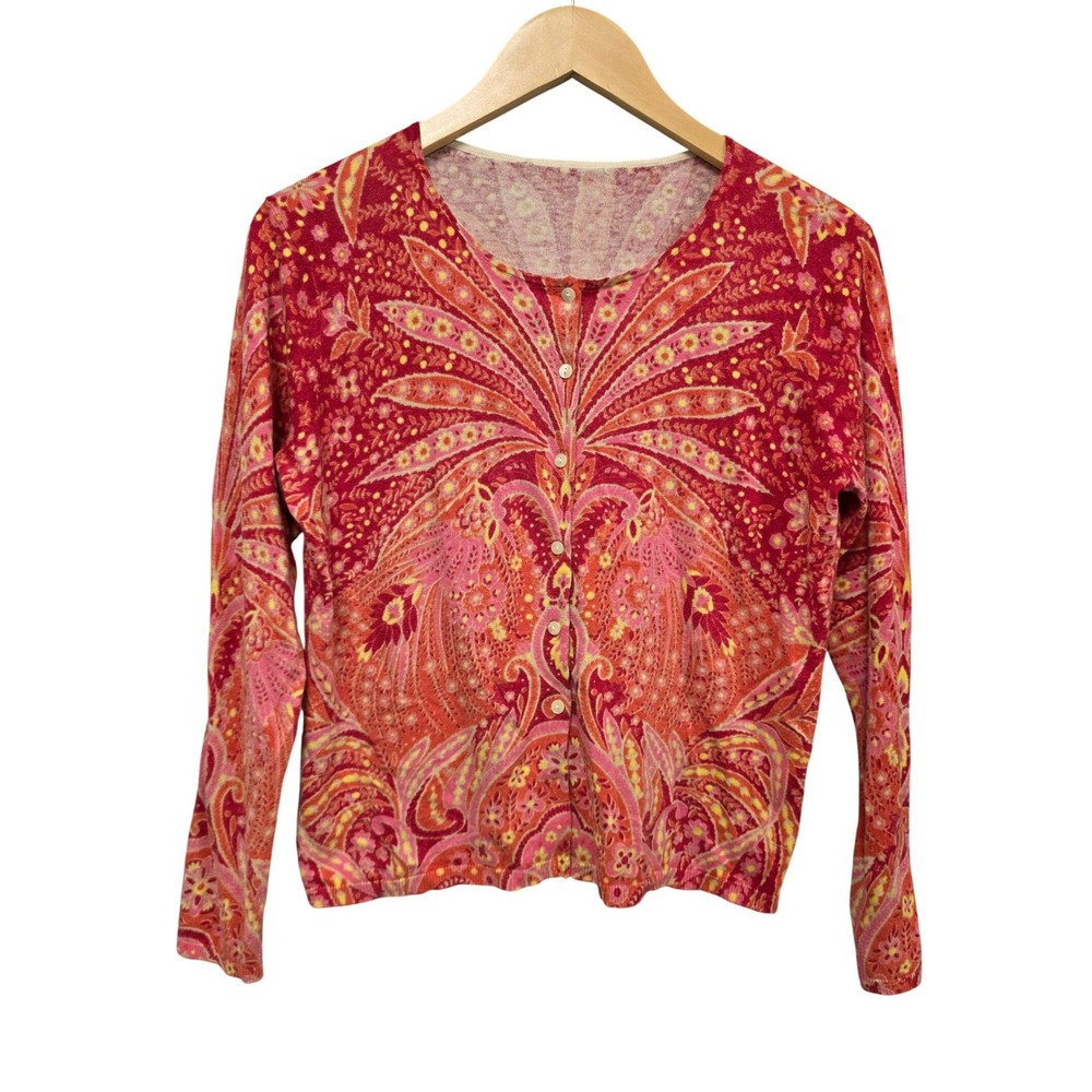 Griffen Silk Cashmere Blend Cardigan Womens M Red Paisley Vintage 90s Vibrant